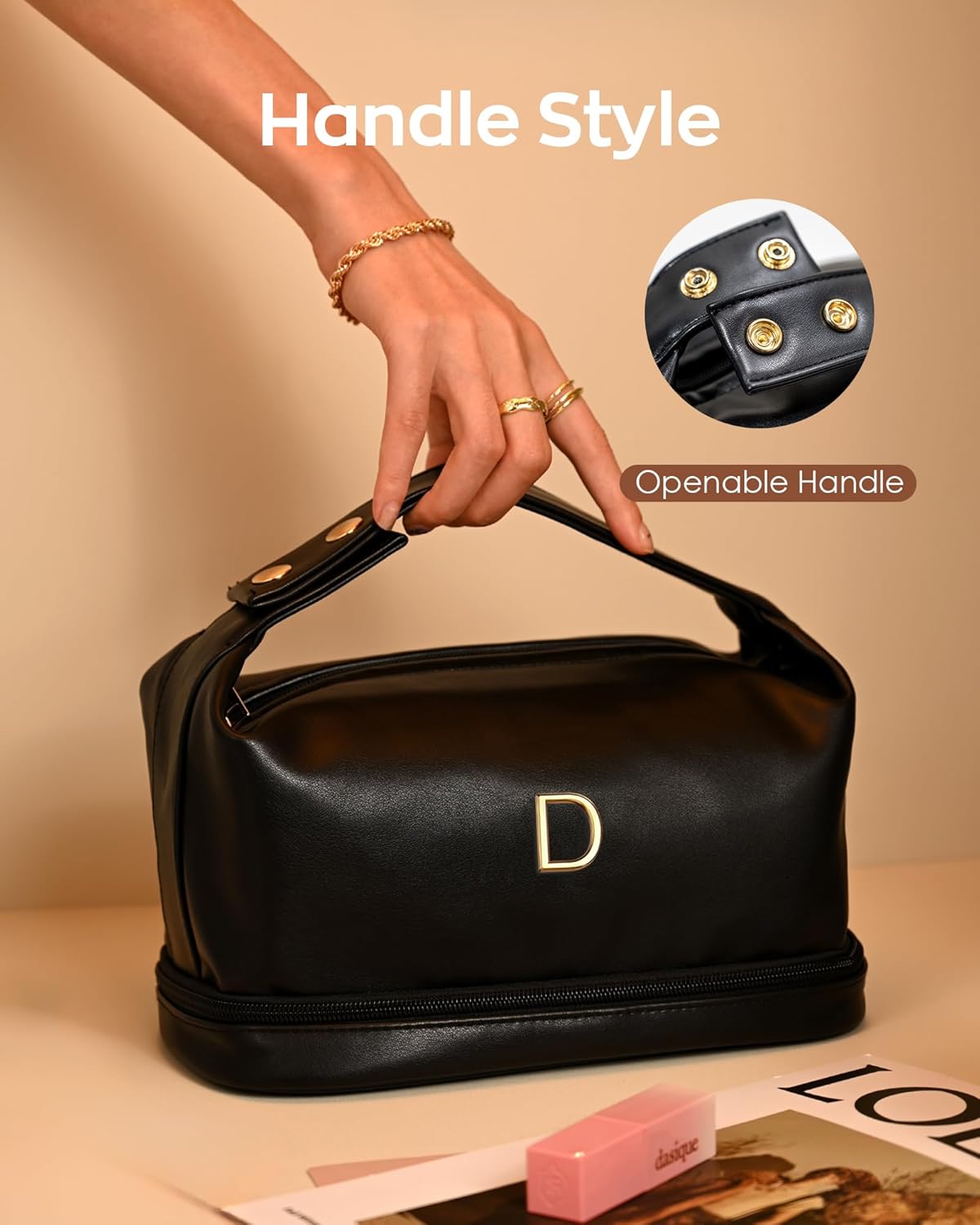 Initial Makeup Bag Personalized Bags with Handle, Waterproof Double Layer Cosmetic Bag, Large Capacity PU Leather Makeup Bags Letter Travel Toiletry Bag with Makeup Brush Organizer