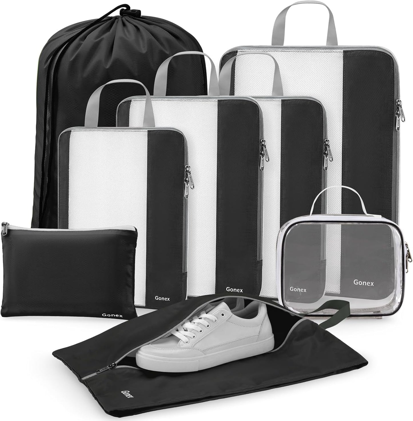 Gonex Expandable Mesh Packing Cubes - 8 Set Compression Organizer for Travel Essentials with Toiletry, Laundry, Shoe & Cable Bags - Black