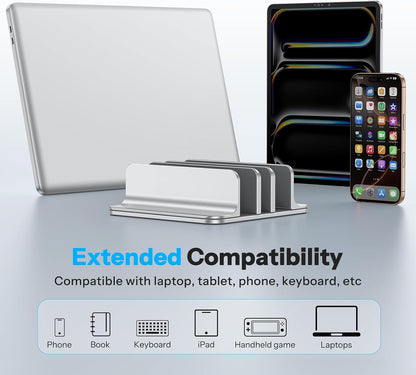 OMOTON 3-Slot Vertical Laptop Stand, Desktop Aluminum Stand for MacBook with Adjustable Dock Size, Fits All MacBook, Surface, Chromebook and Gaming Laptops (Up to 17.3 inches), Bright Silver