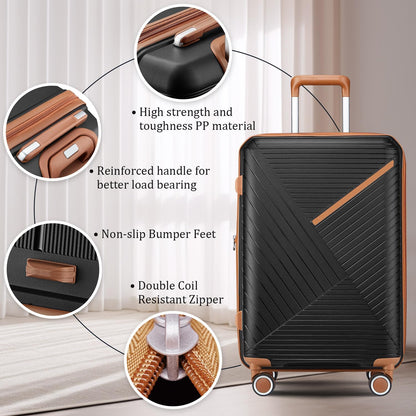 Campfun Luggage 4 Piece Sets, Expandable Carry On Luggage Set Hardshell PP, Suitcase Set with Double Spinner Wheels, Checked Durable Lightweight with TSA Lock, 14in 20in 24in 28in-Black Brown(B)