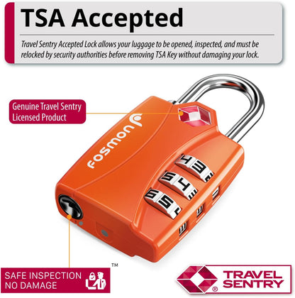 Fosmon TSA Accepted Luggage Locks (Orange - 4 Packs), Open Alert Indicator 3 Digit Combination Padlock Codes for Travel Bag, Suit Case, Lockers