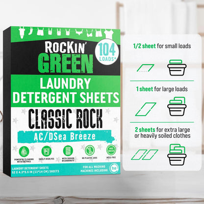 Rockin' Green Travel Laundry Detergent Sheets - Mess-Free Laundry Sheets Detergent Powerful Cleaning with Sodium Bicarbonate - Easily Dissolvable Laundry Soap Sheet (104 Loads, AC/DSea Breeze)