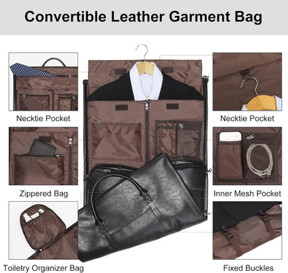 Modoker Convertible Leather Garment Bag, Carry on Garment Bags for Travel, Garment Duffel Bag, Gifts for Men Women Business Waterproof Suitcase Suit Travel Bags, Black