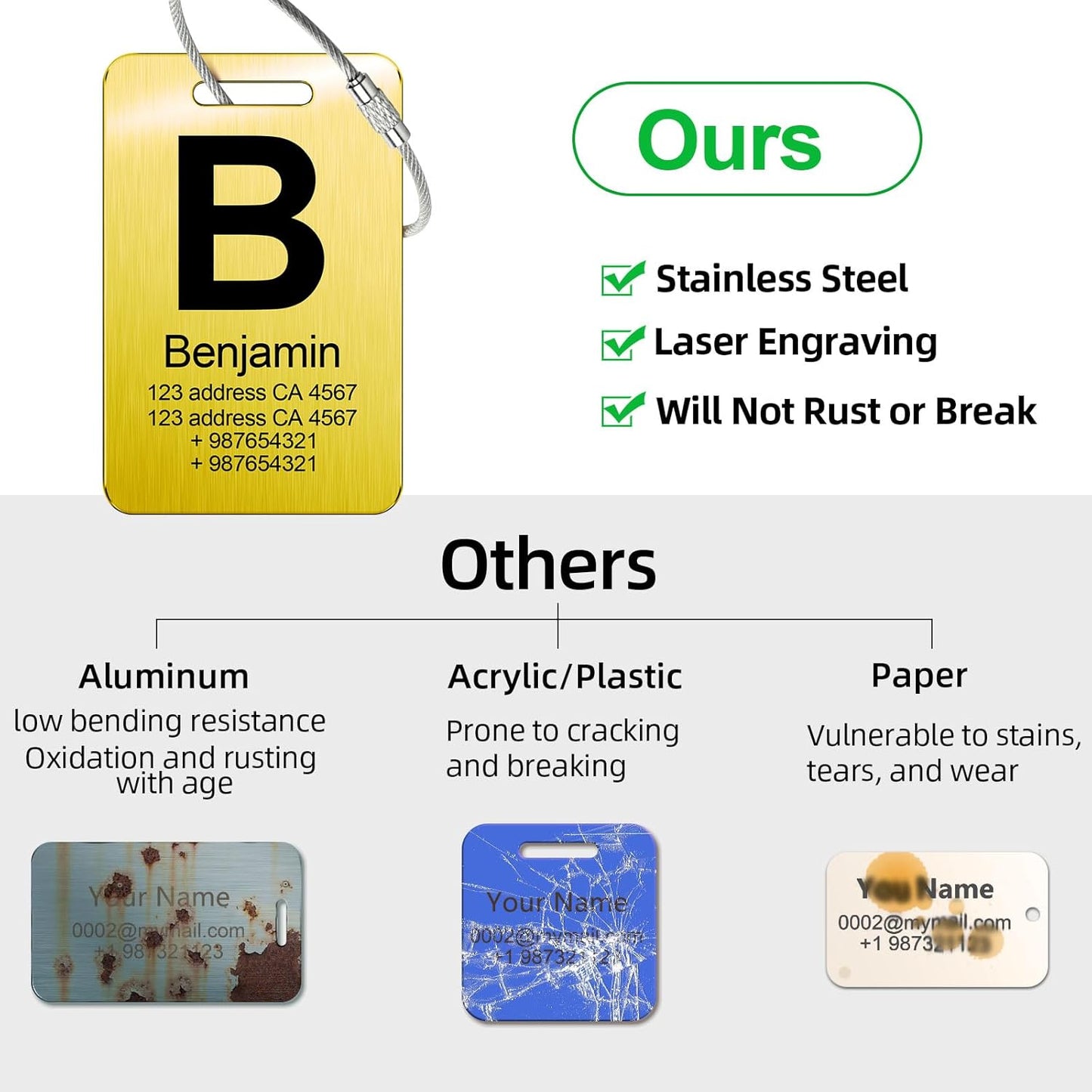 Customized Stainless Steel Luggage Tags: Personalize Your Suitcases, Backpacks, and Bags with Your Text - Custom Initial Text Name ID,Number 2"x3.3"(2 Pack)