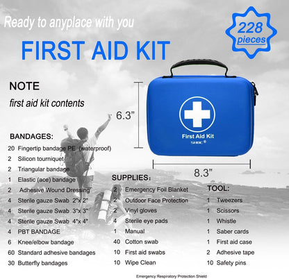 SHBC Waterproof First Aid Kit (228pcs) with All Basic or Advanced Supplies You Need. Suitable for Emergencies at Home or Outside, Travel, Home, Camping, Blue