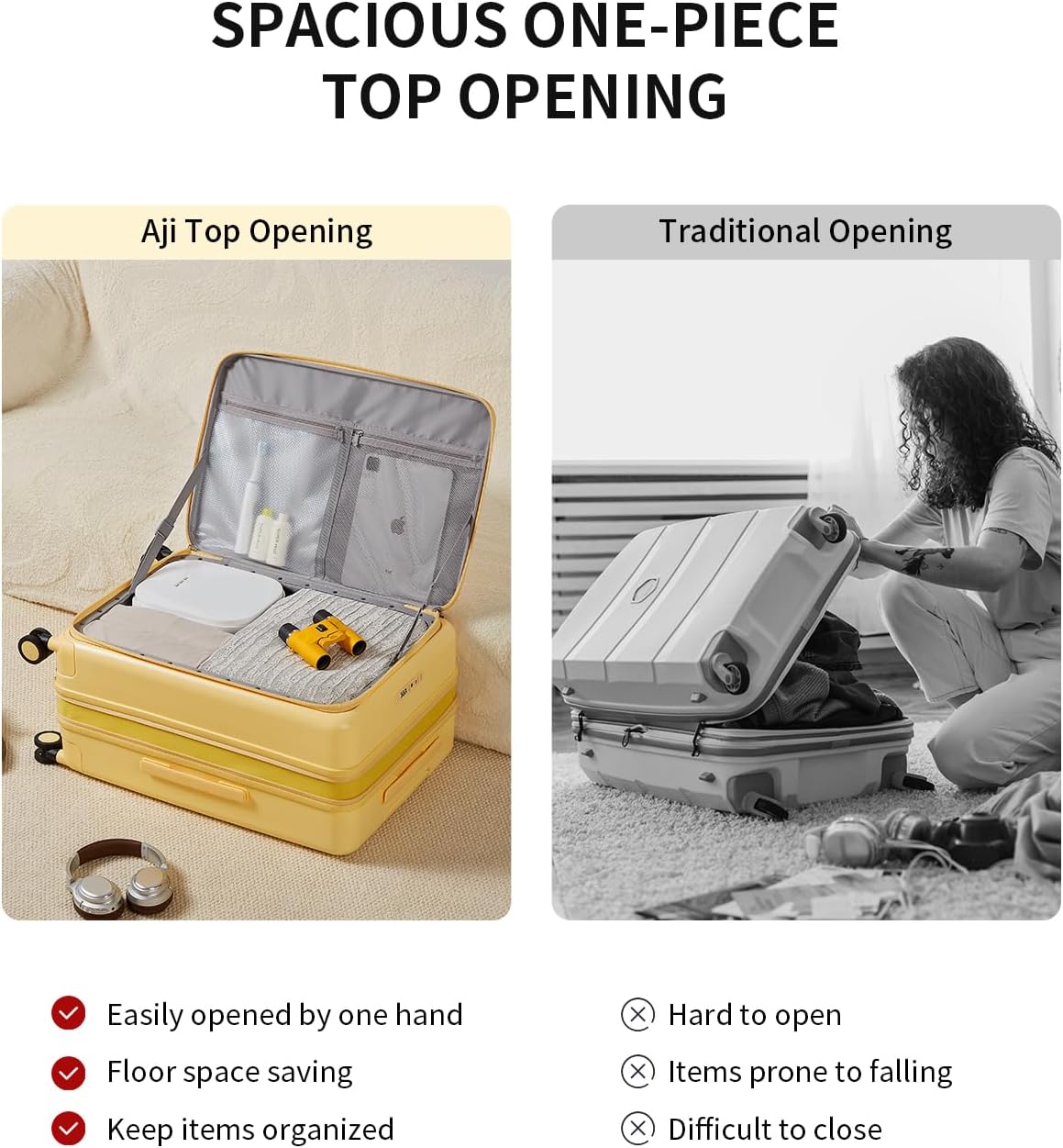 aji Expandable Top Open 26 Inch Checked Luggage with Spinner Wheels, Large Suitcase with TSA Lock, Hardside Travel Luggage Suitcases for Men Women, for 24+Days Travel, Cheese Yellow
