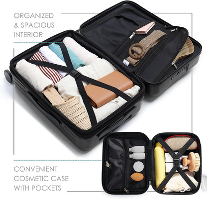 22 Inch Carry On Luggage 22x14x9 Airline Approved, Carry On Suitcase with Wheels, Hard-shell Carry-on Luggage, Durable Luggage Carry-On, Jet Black Small Suitcase with Cosmetic Case