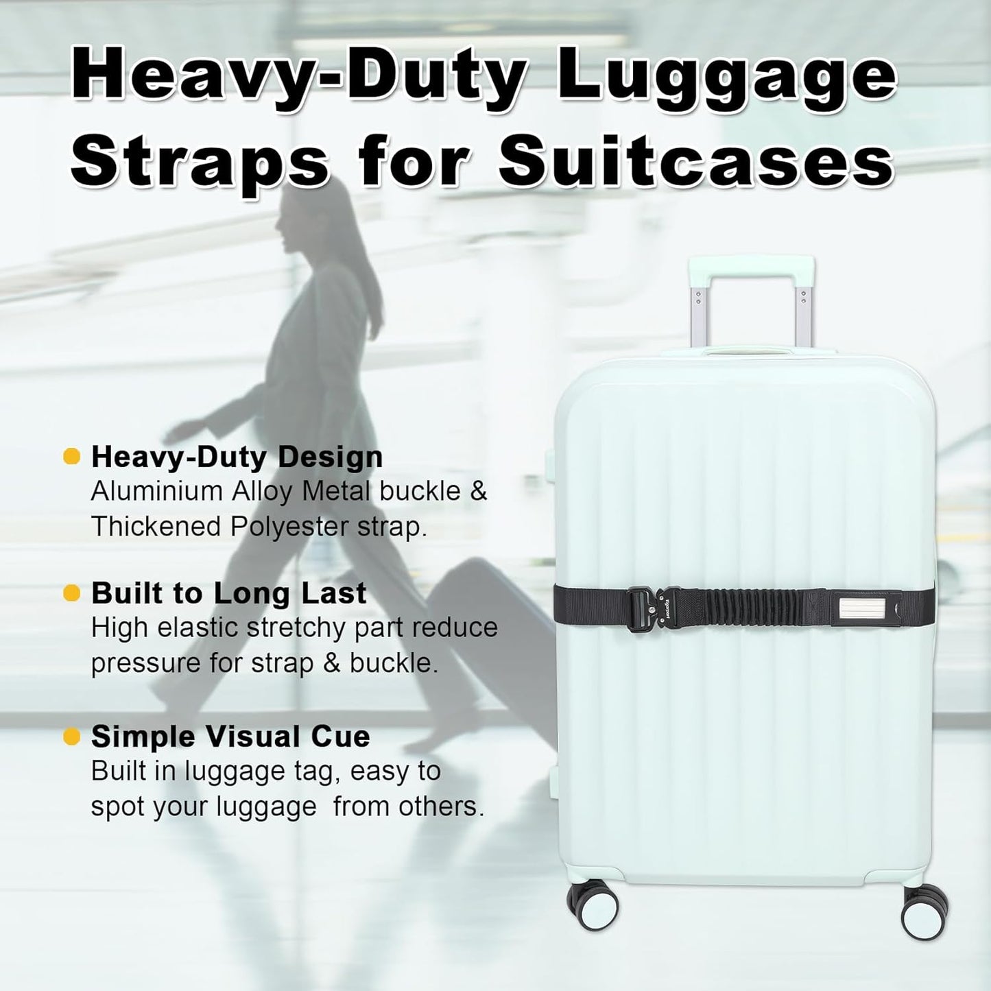 Vigorport Luggage Straps for Suitcases TSA Approved Suitcase Belt, Stretchable Travel Strap for Luggage, Heavy Duty Metal Buckle Luggage Belt Strap (Black, 72" Long/1PK)