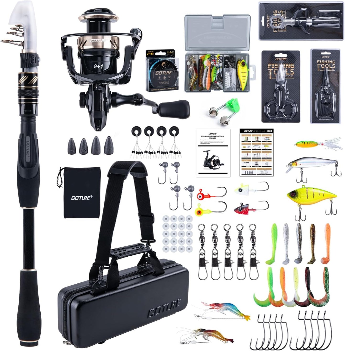Goture Fishing Rod and Reel Combo - Carbon Fiber Telescopic Fishing Pole - Spinning Reel 9+1 Shielded Bearings Stainless Steel BB - A