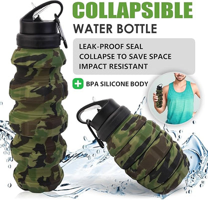 Collapsible Travel Water Bottle18oz, Reuseable Silicone Foldable Water Bottles for Gym Camping Hiking, Portable Leak Proof Sports Water Bottle with rugby Carabiner (Grey)