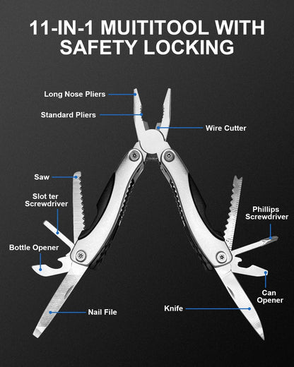 UNOONE 11-in-1 Multitool Pliers - Stainless Steel Pocket Knife with Pliers, Screwdriver & Bottle Opener - Aluminum Handle EDC Knives for Survival, Camping, Hunting, Hiking - Gift for Men Women(Silver)