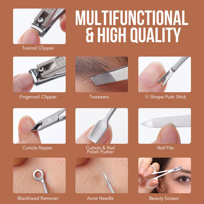 FAMILIFE Manicure Set, Nail Clippers Pedicure Tool, 8 pcs Stainless Steel Manicure Kit Professional Grooming Tool, Nail Kit with Portable Brown Leather Travel Case Luxury Gifts for Men