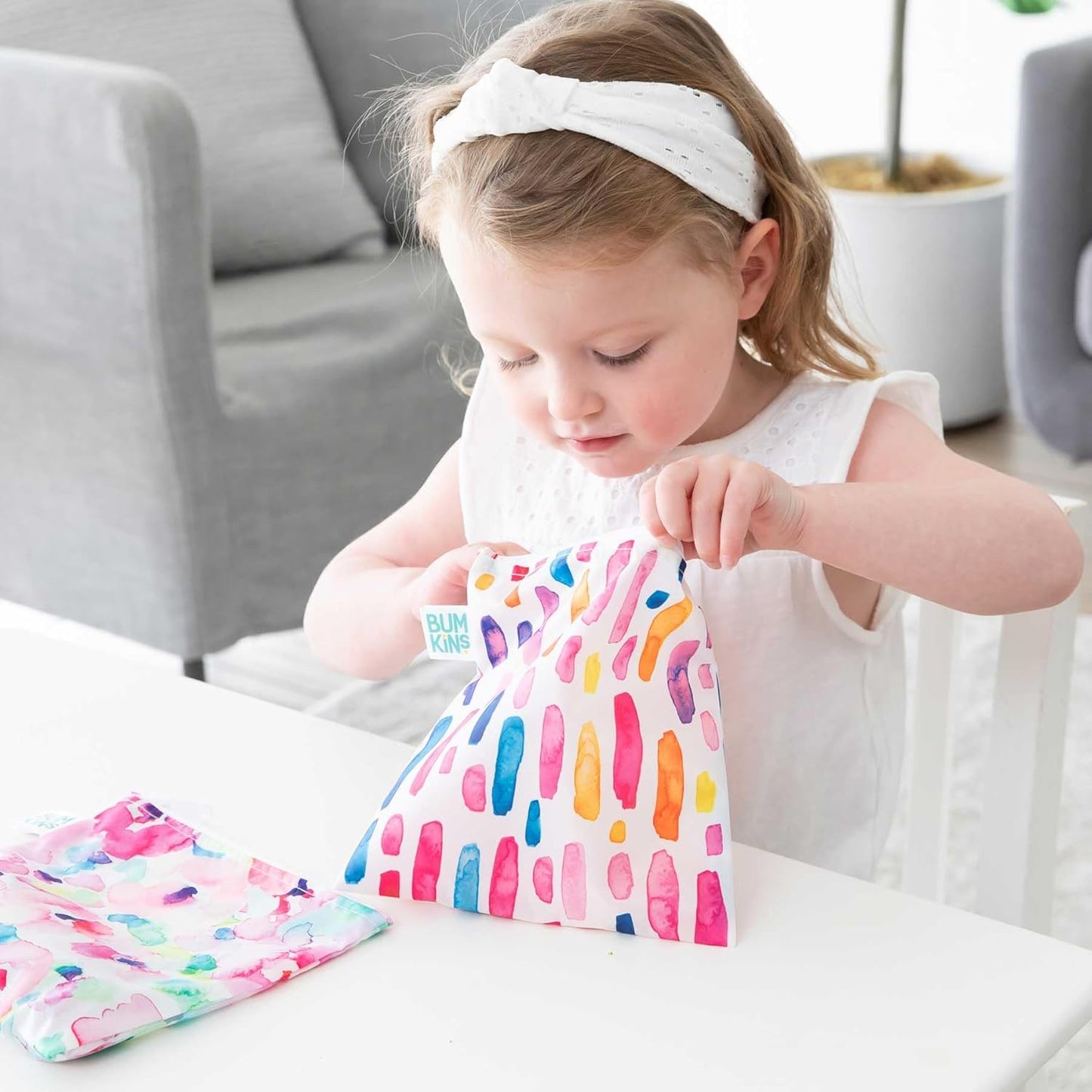 Bumkins Reusable Sandwich and Snack Bags, for Kids School Lunch and for Adults Portion, Washable Fabric, Waterproof Cloth Zip Bag, Travel Pouch, Food-Safe, Large 2-pk Watercolors and Brushstrokes