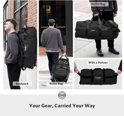 STOVER 100L Rolling Duffel Bag with Wheels, X-Large 32 Inch Durable Travel Duffle + Toiletry Bag, Heavy Duty, Packable w/Shoulder Straps- Use as Luggage or Backpack, Men/Women (Black)