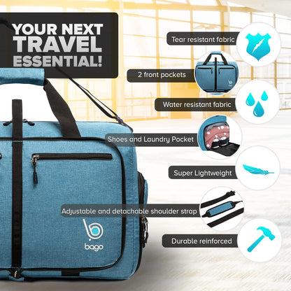 Bago Foldable Duffel Bags for Traveling Women & Men - 40L Sports Packable Duffle Bag for Travel with Shoe Compartment - Water Repellant, Heavy Duty, Lightweight Folding & Collapsible (SnowBlue)