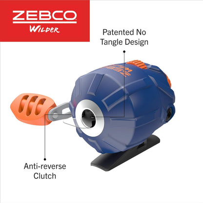 Zebco Wilder Fishing Reel and Rod Combo, 4'3" Durable Fiberglass Rod with Built-In Carabiner, Patented No-Tangle Reel, Pre-Spooled with 6-Pound Zebco Cajun Fishing Line, Blue/Orange