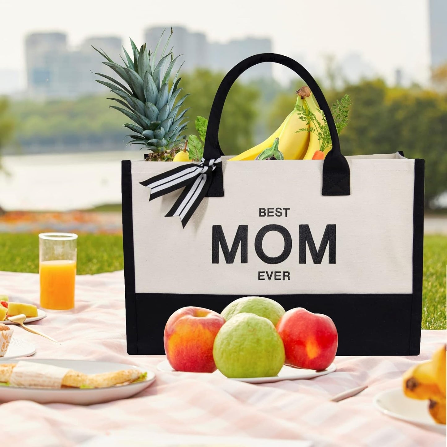 TOPDesign Embroidery Canvas Tote Bag for Women, Best Mom Ever Gifts from Daughter or Son, Unique Mom Birthday, Mothers Day Present, Personalized Bag for Beach, Holiday