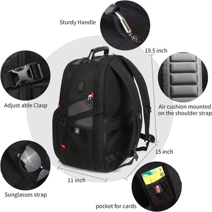 SHRRADOO Extra Large 50L Travel Laptop Backpack with USB Charging Port, College High School Backpack Airline Approved Business Work Bag Fits 17 Inch Computer for Men Women
