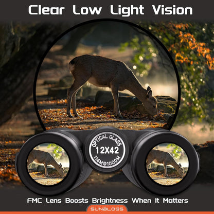 12x42 HD Binoculars for Adults,Super Bright BAK4 Prism High Powered Waterproof Binoculars with Low Light Vision for Bird Watching Outdoor Hunting Travel Hiking Sports Stargazing Cruise (Black)