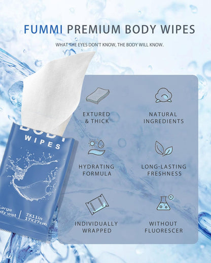 FUMMI 300 Pack Body Wipes – Large Individually Packaged Bath Wipes for Adults, Travel, Gym, Camping, Elderly, Bedridden – No Rinse Bath Wipes, Moisturizing & Refreshing Clean
