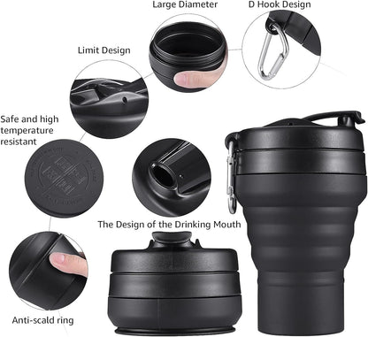 Collapsible Coffee Cup, 2 Pack 16 OZ 480ml Silicone Travel Folding Cup, Leak Proof BPA Free Portable Cup, Travel mug with Lids for Camping hiking (2 * 16OZ)