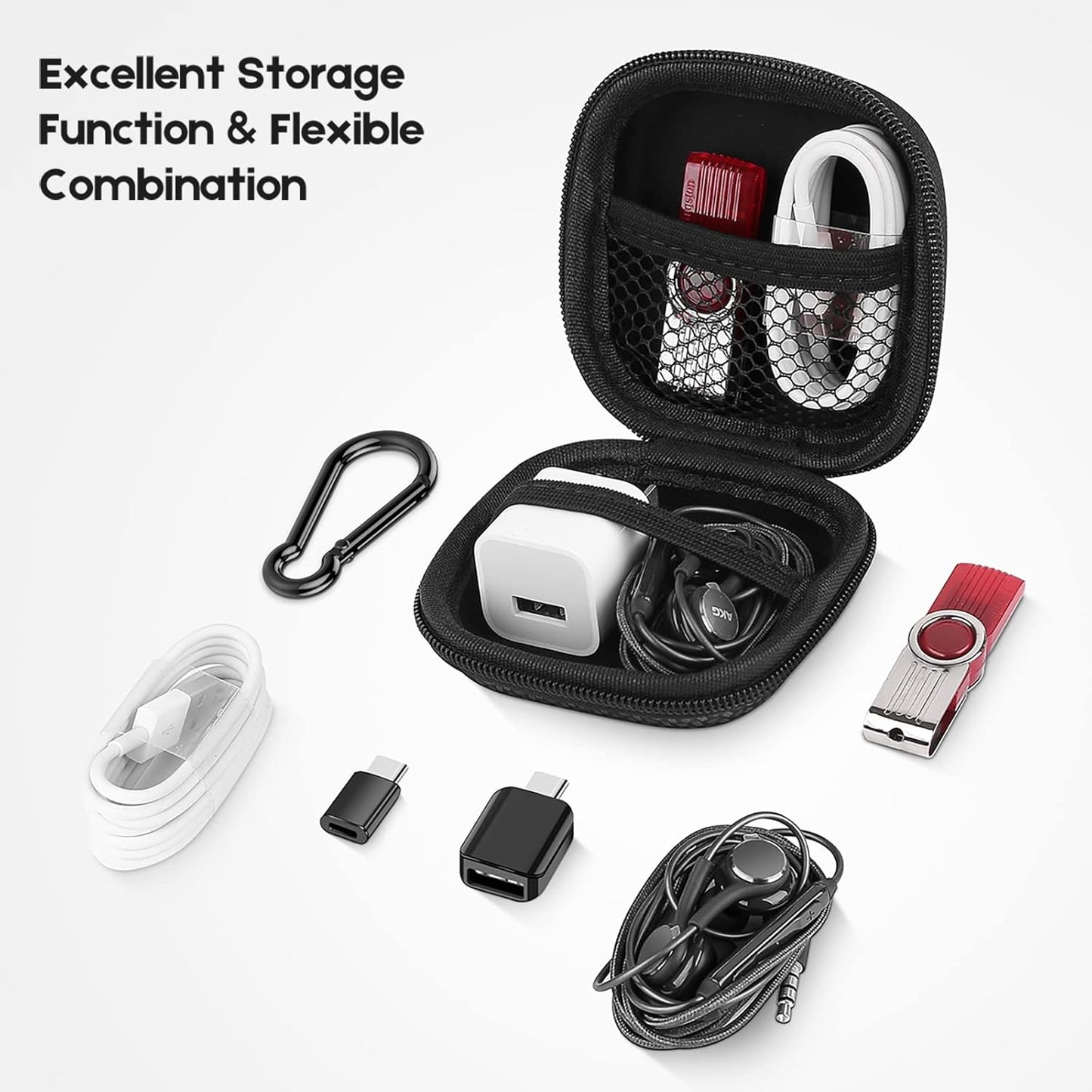 Earbud Case Hard EVA Earphone Carrying Case Cell Phone Accessories Storage Bag with Carabiner for Airpods Headset Earphone Flash Drive Charging Cable Key Wall Charger