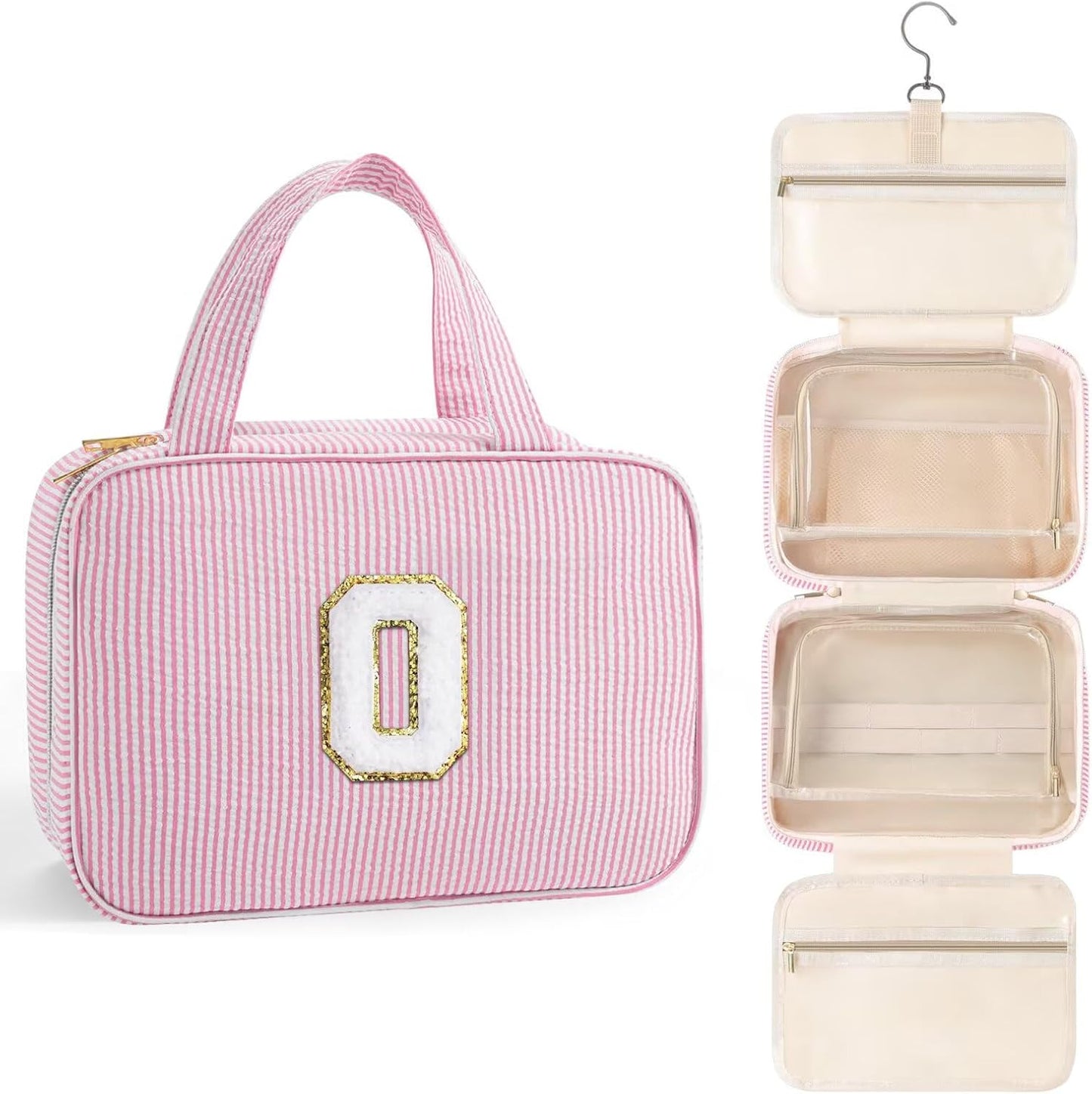 TOPEAST Travel Toiletry Bag for Women - Hanging Toiletry Bag Makeup Bag, Portable Toiletries Cosmetic Bag, Airplane Travel Essentials - Letter O, Pink