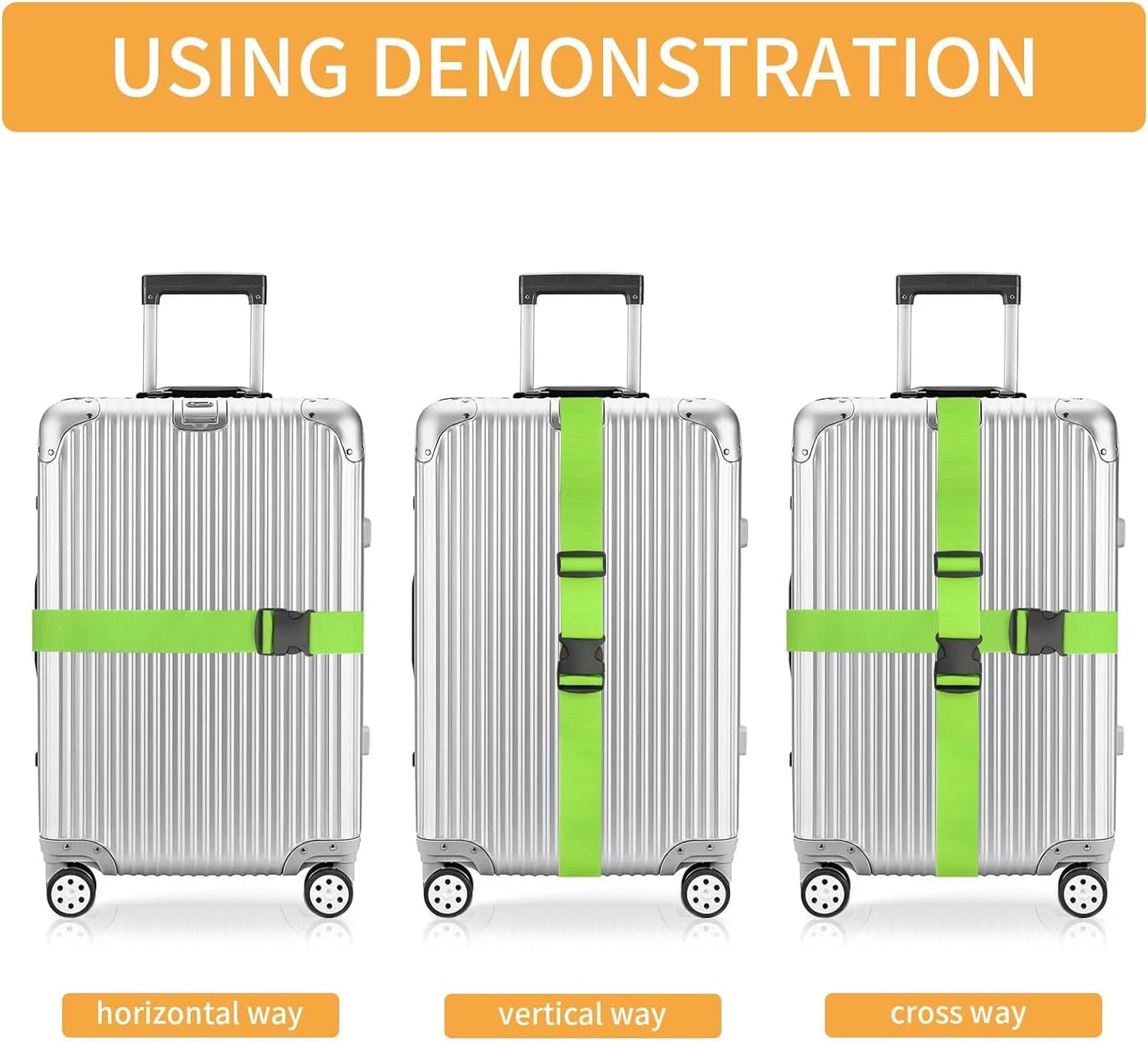 BILIONE 4 Pack Luggage Straps 79" Long Belts Keep Suitcase Secure While Traveling, TSA Approved Add a Bag Premium Accessory for Travel Bag Closure (2PCS Green + 2PCS Orange)