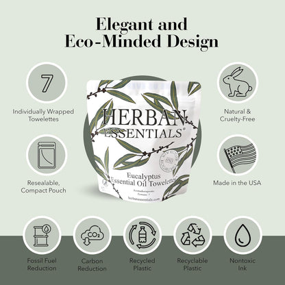 Herban Essentials - Eucalyptus Wipes & Towelettes - Essential Oil Wipes for Hands & Body - Travel Size Essentials and Toiletries - Natural, Individually Wrapped, Disposable & Moist Refresh (7 count)