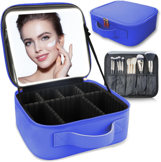 Makeup Bag with Led Mirror,Travel Makeup Organizer with 3 Color Setting, Portable Storage and Adjustable Dividers Travel Makeup Bag(dark blue)