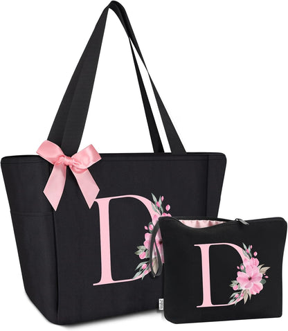 Vavabox Tote Bag, A-Z Initial Monogrammed Waterproof Tote Bag, Bridesmaid Gifts for Women, Black and Pink