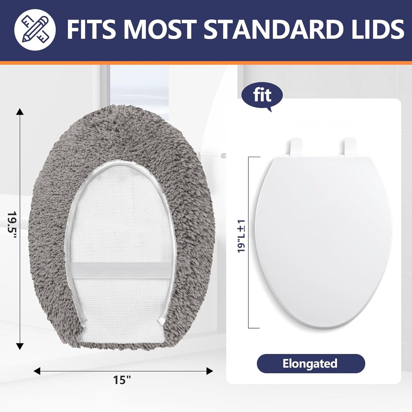 Microfiber Elongated Toilet Seat Cover 19.5"x 15" Machine Washable Solid Toilet Lid Cover Adjustable Rubber Backing Fits Most 18-19.5" L x 14-16" W Elongated Toilet Seat