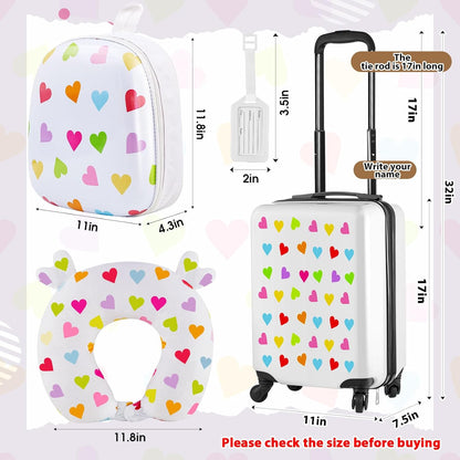Sanwuta 4 Pcs Kids Luggage Set Kids Backpack Travel Rolling Suitcase with Wheels U-shape Pillow Childrens Gift for Girls Boys(17 Inch,Heart Style,White)