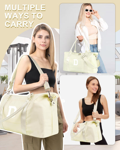 Initial Travel Duffel Bag Sports Gym Bag for Kids Teen Birthday Gifts,Beige Personalized Weekender Bag Carry On Dance Bags for Women Men,Waterproof Monogram Overnight Bag with Trolley Sleeve(Letter D)