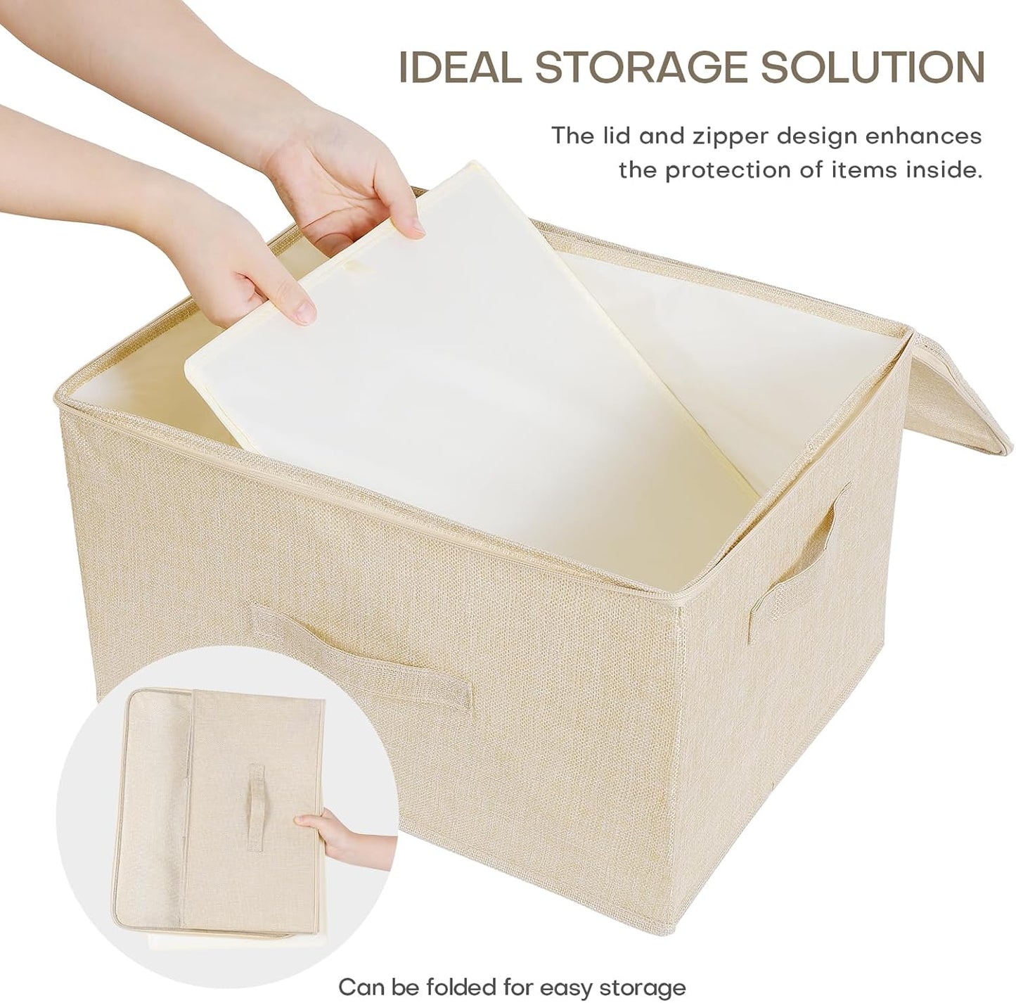 ANMINY 2PCS Storage Bins with Zipper Lids 51.9 Qt Lidded Fabric Storage Boxes Baskets Cubes with Handles Collapsible Washable Cotton Linen Closet Shelf Clothes Organizer - Beige, Extra Large