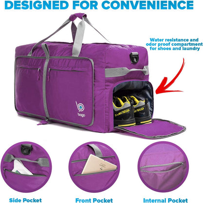 Bago Large Foldable Duffel Bags for Traveling Women & Men - 120L Packable Duffle Bag for Travel with Shoe Compartment - Water Repellant, Heavy Duty, Lightweight Folding & Collapsible (Purple)