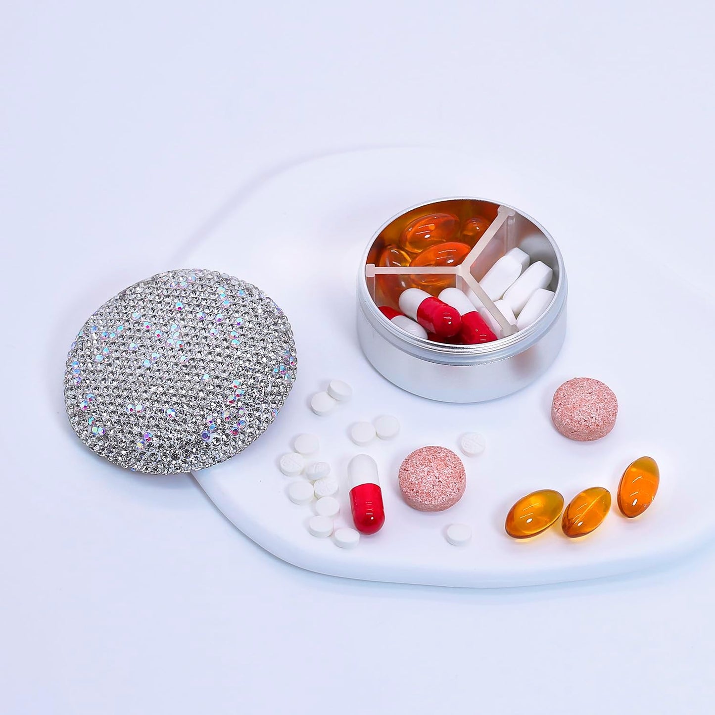 Small Pill Case 3 Compartments, Metal Round Portable Pill Box, Waterproof Travel Pill Organizer, Pocket Purse Medicine Vitamin Holder EDC Container (Silver with Rhinestone)