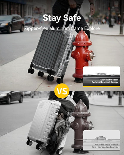 LUGGEX Checked Luggage with Spinner Wheels, 24 Inch Aluminum Frame Zipperless Polycarbonate Hard Shell Suitcase, Silver