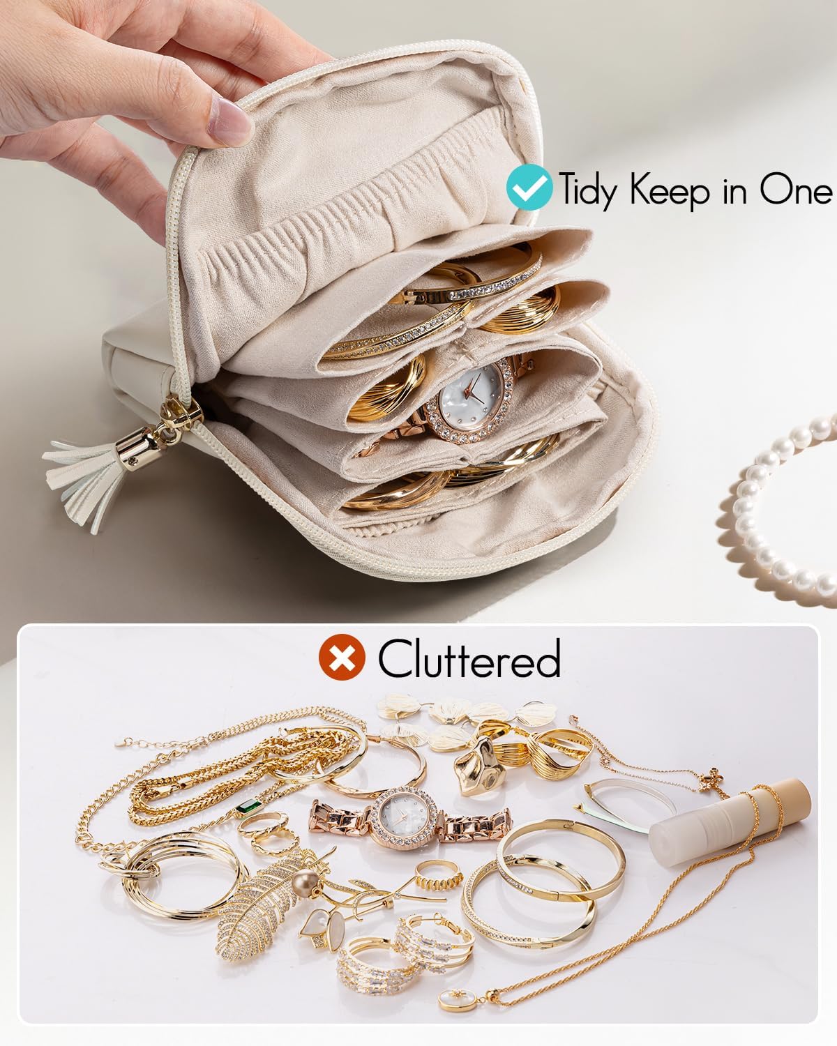 Vlando Small Travel Jewelry Case,Travel Gifts for Women,Jewelry Pouch Bags with Zipper,Velvet Jewelry Organizer Storage Bag for Bracelet Rings Earring-Cream White