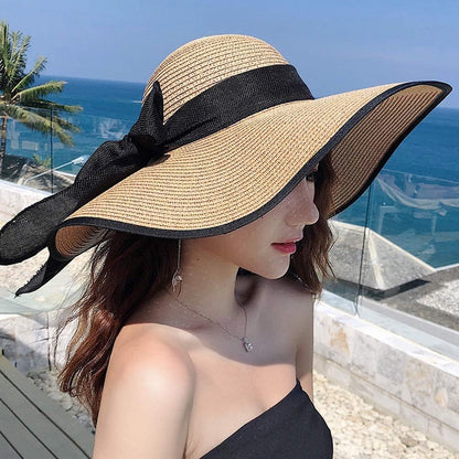 DRESHOW Beach Hats for Women Big Straw Wide Brim Summer Hat Floppy Foldable Roll up Cap Sun Hat UPF 50+