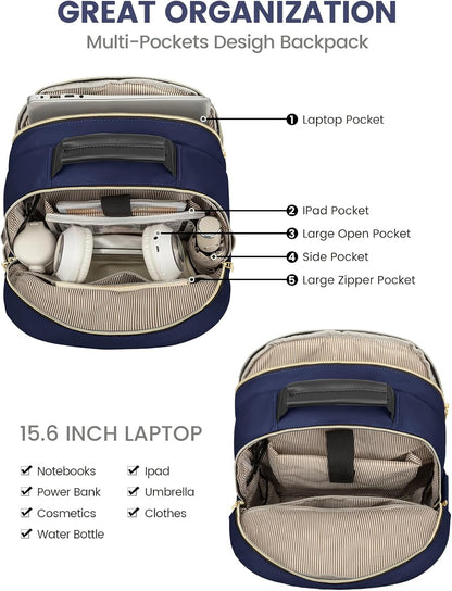 LOVEVOOK Laptop Backpack Purse for Women, Work Business Travel Computer Bags, College Nurse Backpack for Womens, Quilted Casual Daypack with USB Port, Fit 15.6 Inch Laptop, Navy