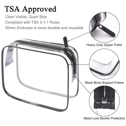Lermende 2pcs Clear Toiletry Bag TSA Approved Travel Bag,Carry On for Travel,Airport Airline Accessories Compliant Bag,Quart Sized Makeup Cosmetic bag Women Men (Transparent Black, 2 Pack)
