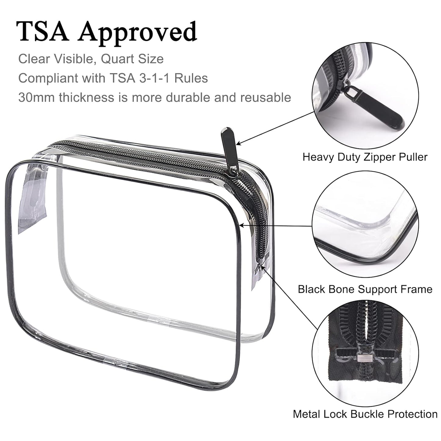 Lermende 2pcs Clear Toiletry Bag TSA Approved Travel Bag,Carry On for Travel,Airport Airline Accessories Compliant Bag,Quart Sized Makeup Cosmetic bag Women Men (Transparent Black, 3 Pack)