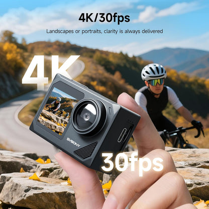 SVBONY SVGo2 Action Camera 4K30FPS 50MP, 5X Zoom Touch Screen Sports Camera, Waterproof Cameras,6-Axis EIS with Floating Selfie Stick, Wired Microphone, 2 Batteries, for Sports Vlog