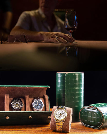 MR.OKAY 3 Watch Travel Case-Classic Leather Watch Case With Superb Texture. (Portable Watch Roll Or Organizer For Storage And Display).Festival Gift For Men, All Handcrafted By Artisans.