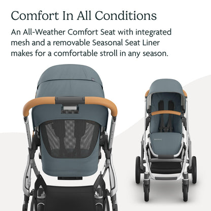 UPPAbaby Vista V3 Stroller - Full-Size Single-to-Double Stroller System - Toddler Seat, Bug Shield, Rain Shield, and Storage Bag Included - Callum (Stone Blue/Silver Frame/Sand Leather)