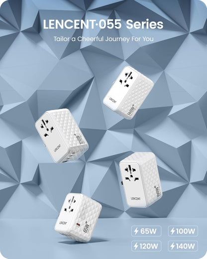 LENCENT 65W Universal Travel Adapter, GaN International Fast Charger 2 USB-A & 2 USB-C Power Plug Converter, Power Outlet Adapter for Phones,Laptops, All in One Travel Essentials for EU/USA/UK/AU