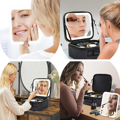Travel Makeup Bag with Magnetic Removable Lighted Mirror, Cosmetic Bag Organizer with Mirror 360° Angle, Tri-Color LED Lighted Makeup Case, Portable Makeup Travel Train Case with Adjustable Dividers