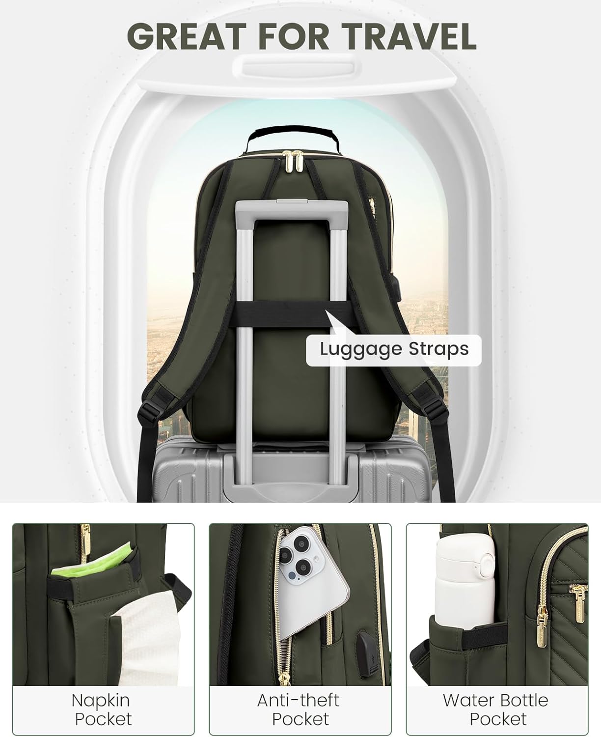 LOVEVOOK Laptop Backpack Purse for Women, Work Business Travel Computer Bags, College Nurse Backpack for Womens, Quilted Casual Daypack with USB Port, Fit 15.6 Inch Laptop, Army Green