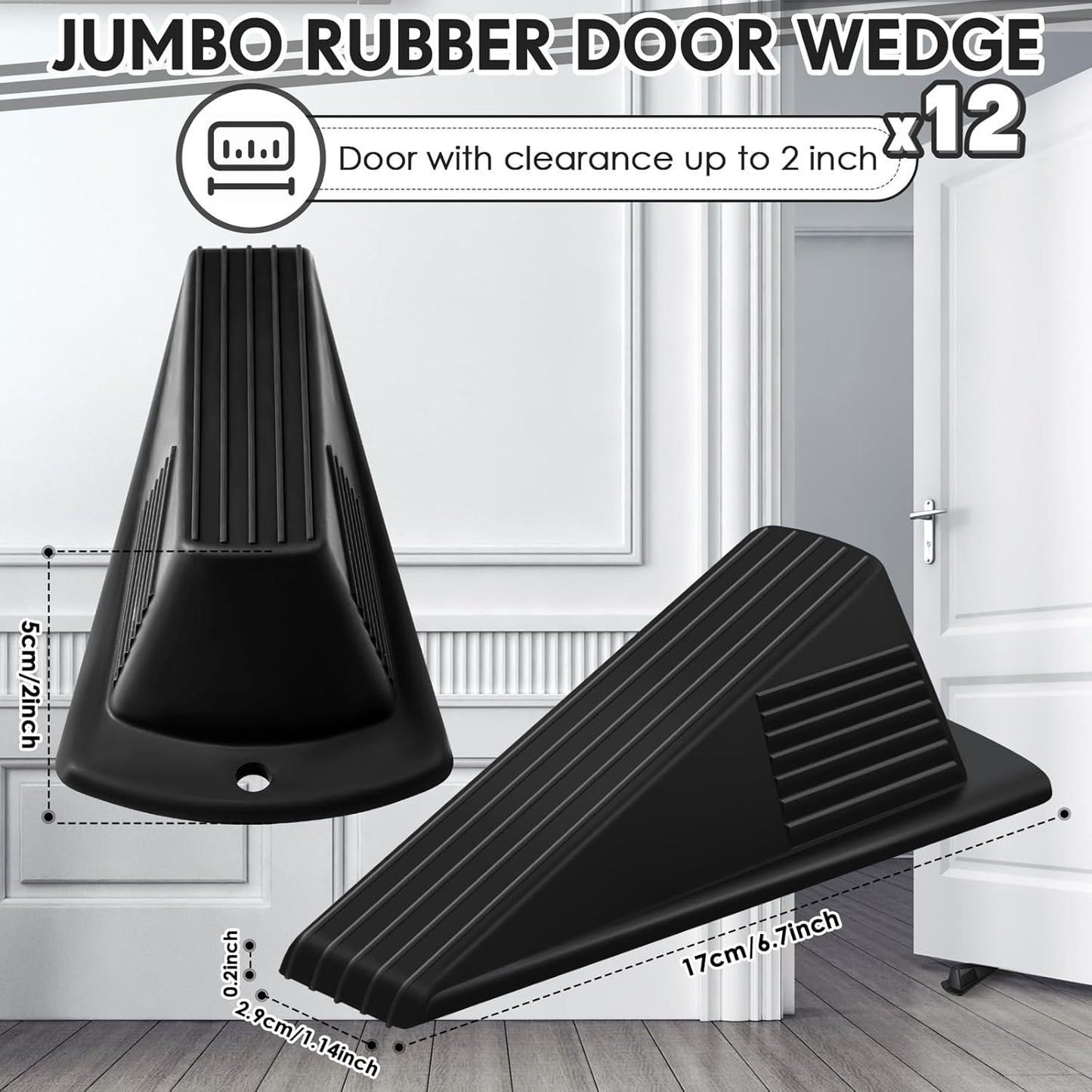 Frienda 12 Pcs Jumbo Door Stoppers Heavy Duty Door Stopper Tall up to 2inch Tall Wedge TPR Large Wedge Stackable Big Rubber Doorstop for Hotel Carpet Hardwood Concrete and Tile (Black)